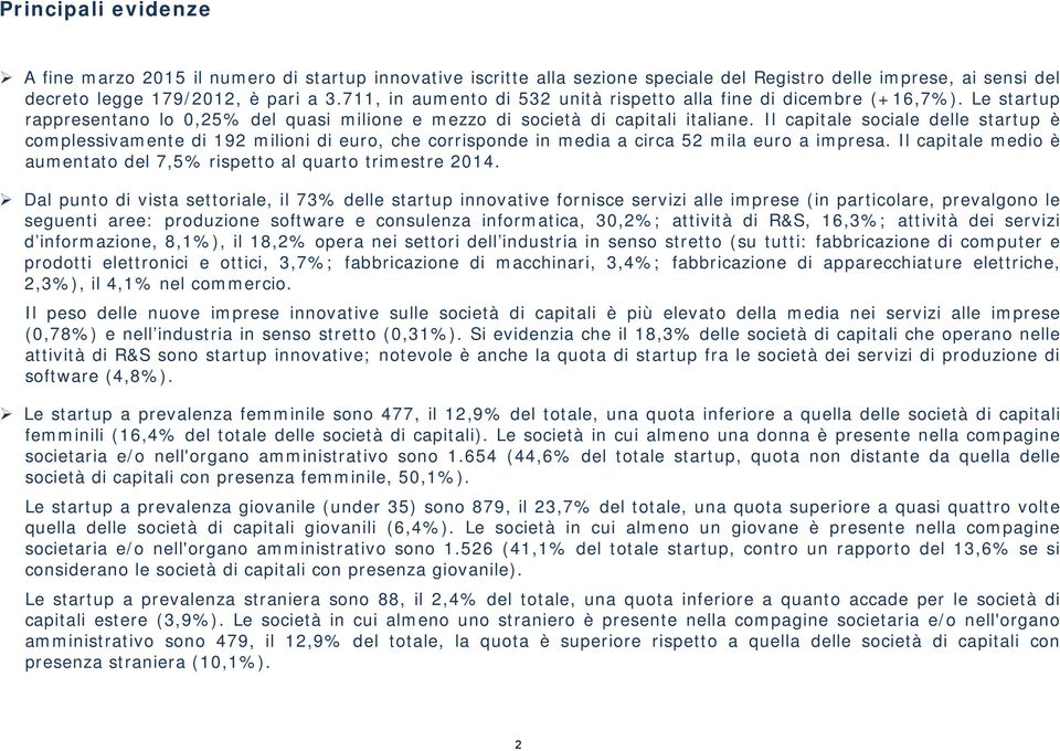 Il capitale sociale delle startup è complessivamente di 192 milioni di euro, che corrisponde in media a circa 52 mila euro a impresa.