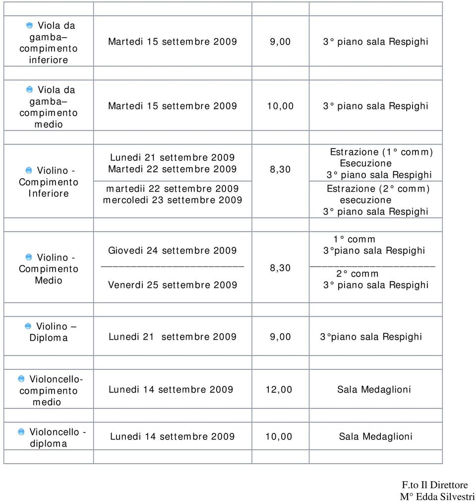 Estrazione (2 comm) esecuzione Violino - Medio 1 comm 3 piano sala Respighi _ 2 comm Violino Lunedi 21 settembre