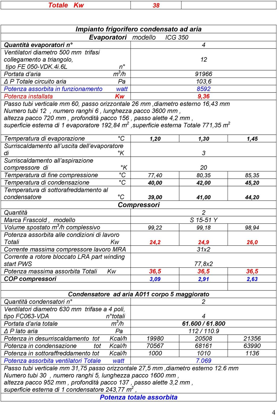 esterno 16,43 mm Numero tubi 12, numero ranghi 6, lunghezza pacco 3600 mm, altezza pacco 720 mm, profondità pacco 156, passo alette 4,2 mm, superficie esterna di 1 evaporatore 192,84 m 2,superficie