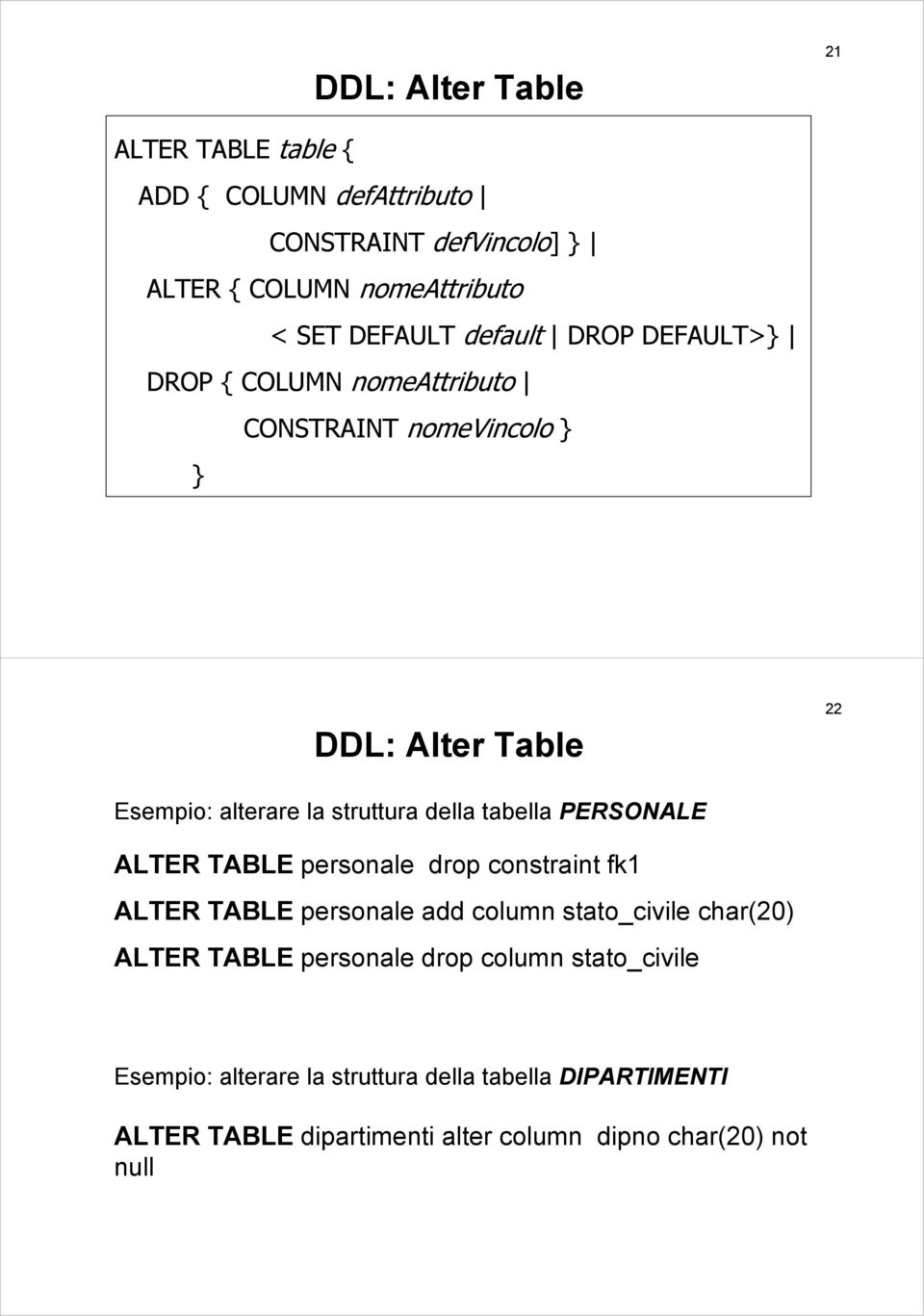 tabella PERSONALE ALTER TABLE personale drop constraint fk1 ALTER TABLE personale add column stato_civile char(20) ALTER TABLE personale