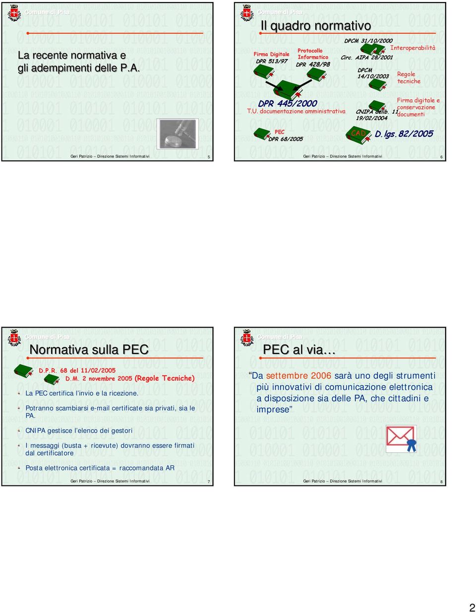 82/2005 Geri Patrizio Direzione Sistemi Informativi 5 Geri Patrizio Direzione Sistemi Informativi 6 Normativa sulla PEC D.P.R. 68 del 11/02/2005 D.M.