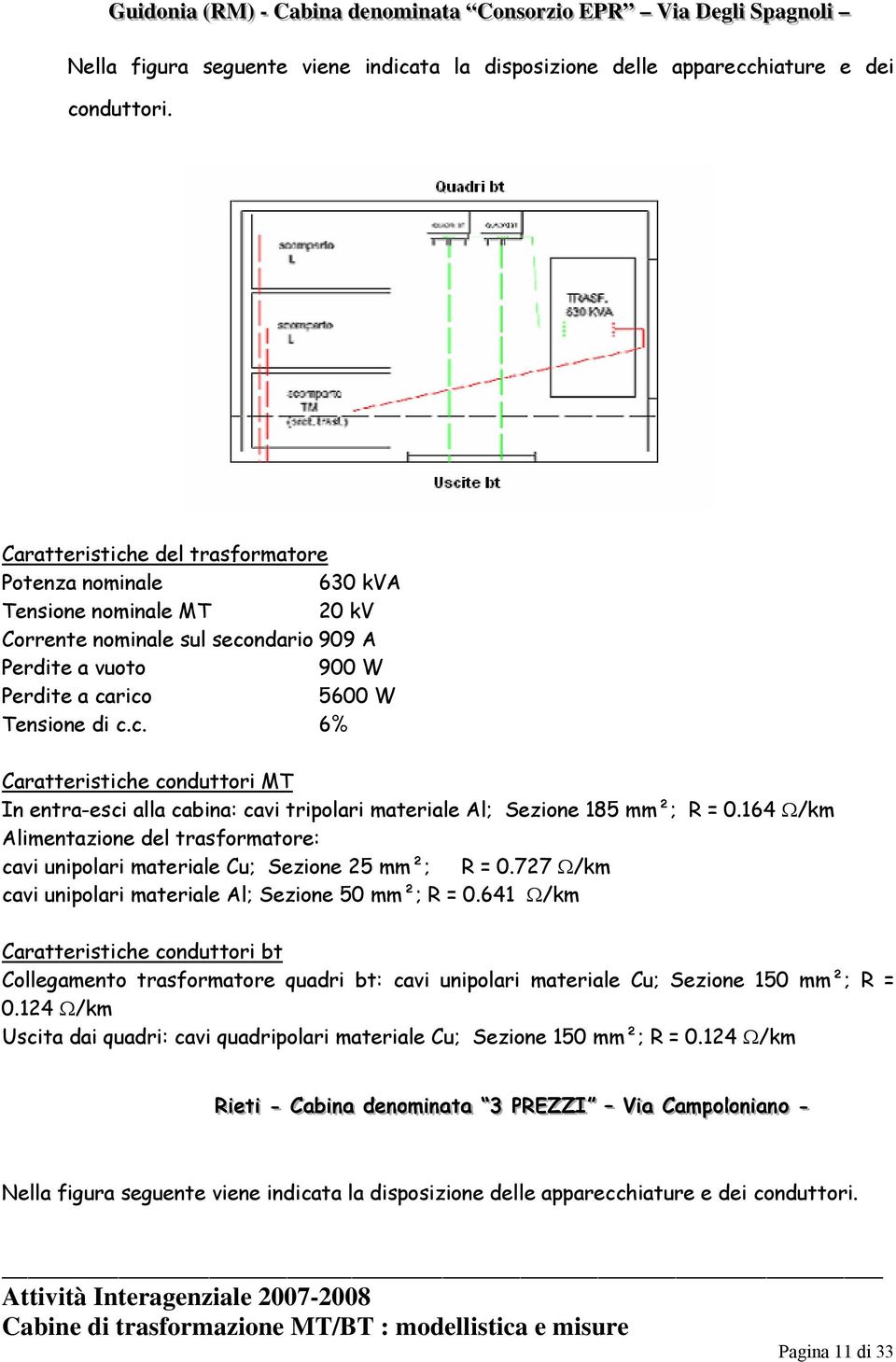 164 Ω/km Alimentazione del trasformatore: cavi unipolari materiale Cu; Sezione 25 mm²; R = 0.727 Ω/km cavi unipolari materiale Al; Sezione 50 mm²; R = 0.