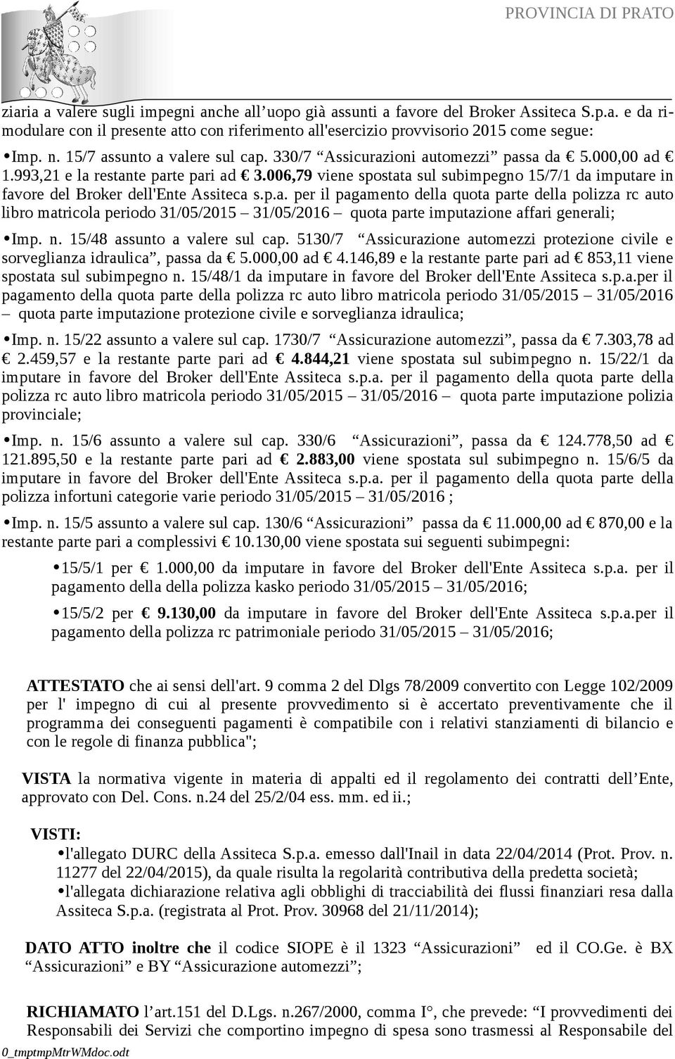 006,79 viene spostata sul subimpegno 15/7/1 da imputare in favore del Broker dell'ente Assiteca s.p.a. per il pagamento della quota parte della polizza rc auto libro matricola periodo 31/05/2015 31/05/2016 quota parte imputazione affari generali; Imp.