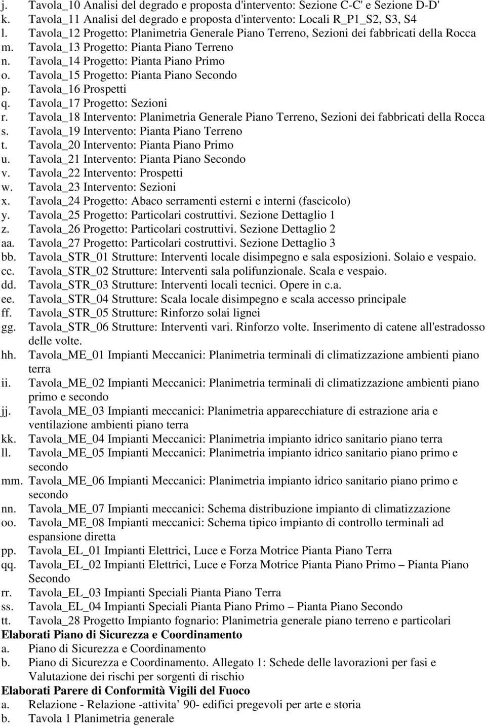 Tavola_15 Progetto: Pianta Piano Secondo p. Tavola_16 Prospetti q. Tavola_17 Progetto: Sezioni r. Tavola_18 Intervento: Planimetria Generale Piano Terreno, Sezioni dei fabbricati della Rocca s.