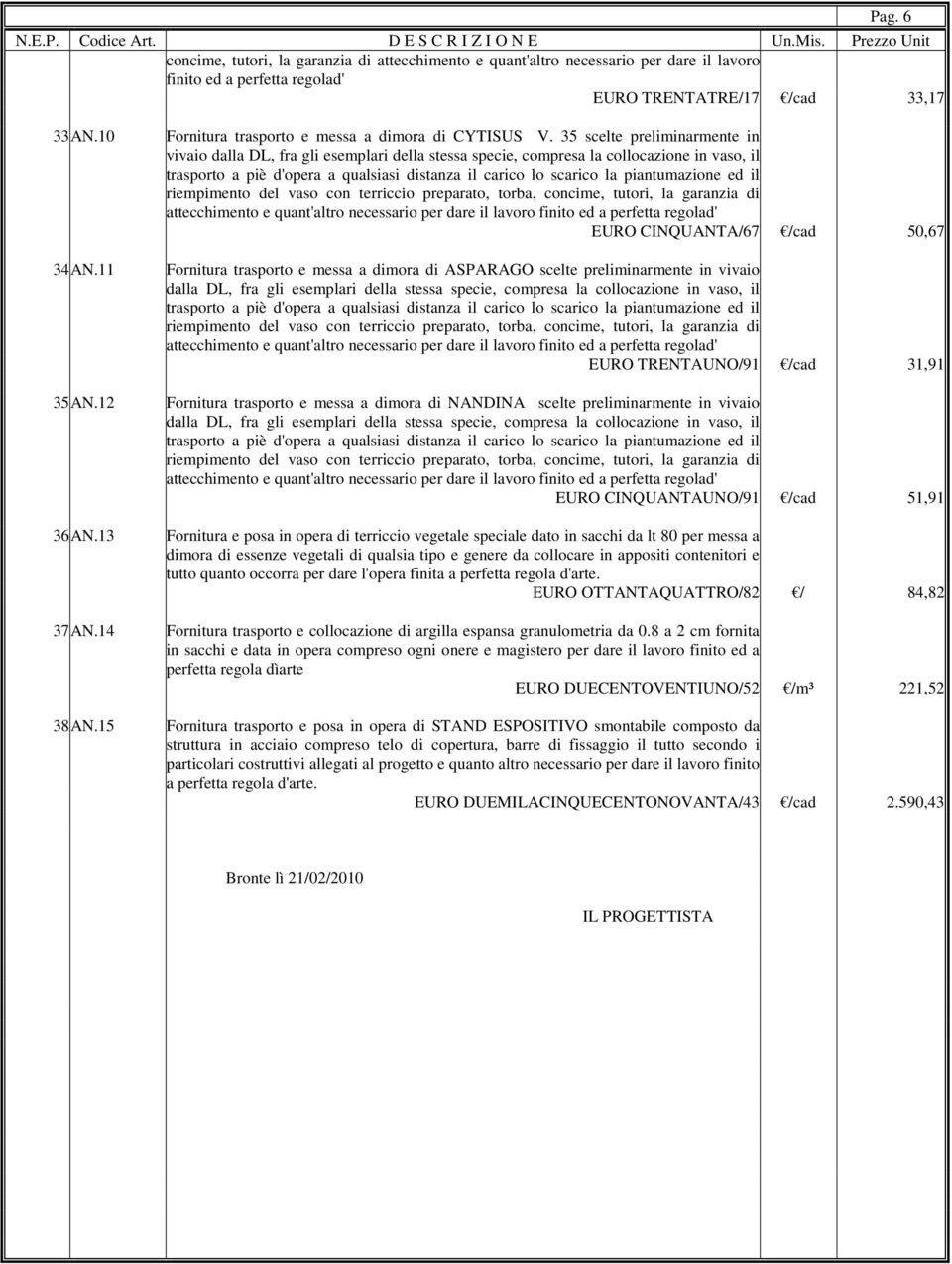 35 scelte preliminarmente in vivaio dalla DL, fra gli esemplari della stessa specie, compresa la collocazione in vaso, il trasporto a piè d'opera a qualsiasi distanza il carico lo scarico la