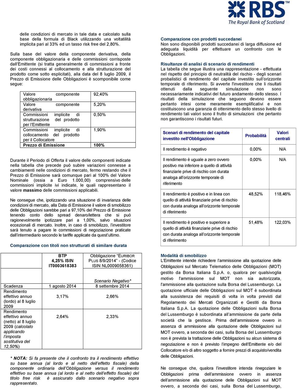 al collocamento e alla strutturazione del prodotto come sotto esplicitati), alla data del 8 luglio 2009, il Prezzo di Emissione delle Obbligazioni è scomponibile come segue: Valore componente 92,40%