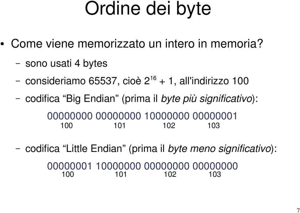 Endian (prima il byte più significativo): 00000000 00000000 10000000 00000001 100 101