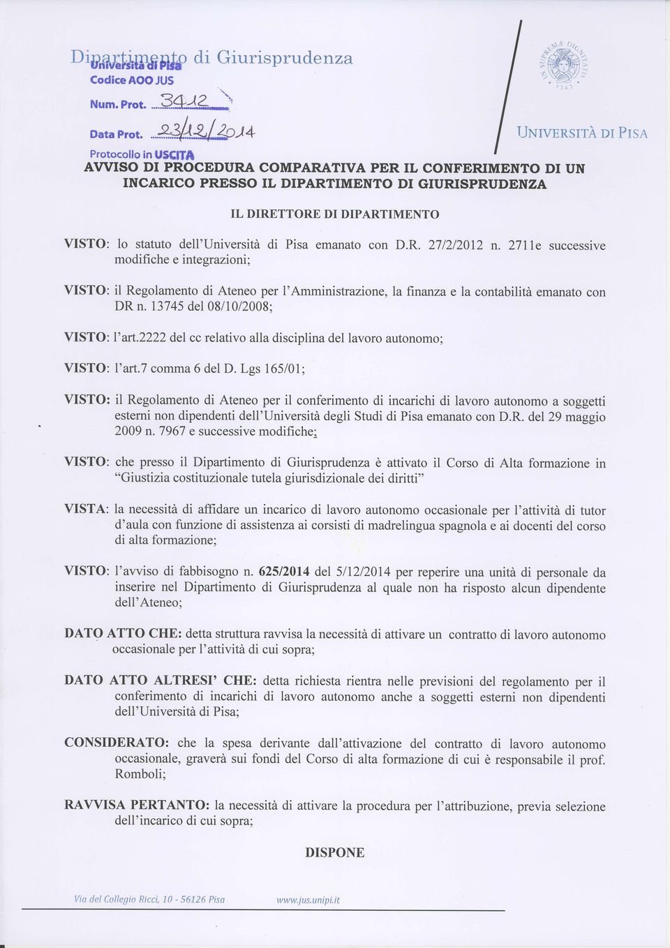 statuto dell'università di Pisa emanato con D.R. 271212012 n.