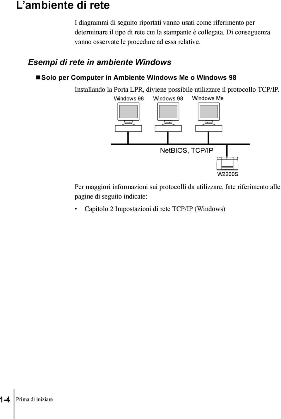 Esempi di rete in ambiente Windows Solo per Computer in Ambiente Windows Me o Windows 98 Installando la Porta LPR, diviene possibile utilizzare il