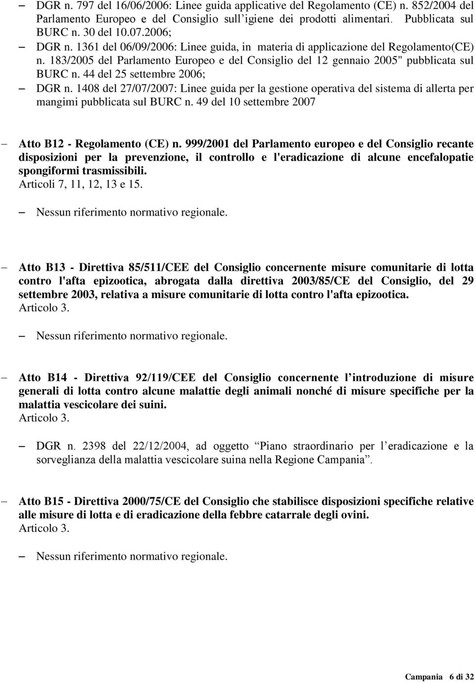 44 del 25 settembre 2006; DGR n. 1408 del 27/07/2007: Linee guida per la gestione operativa del sistema di allerta per mangimi pubblicata sul BURC n.