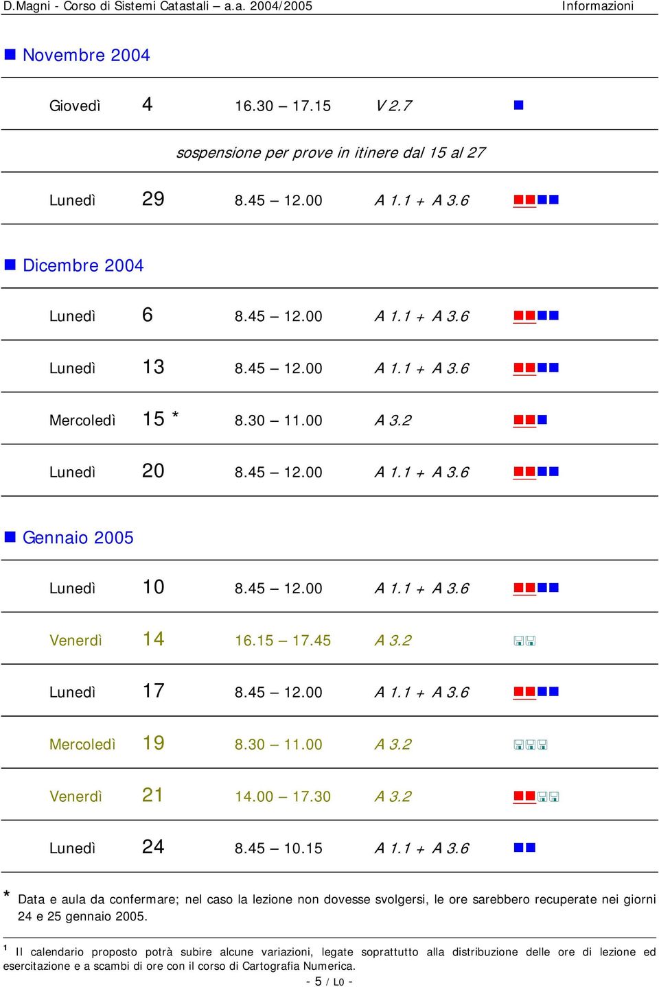 00 17.30 A 3.2 Lunedì 24 8.45 10.15 A 1.1 + A 3.6 * Data e aula da confermare; nel caso la lezione non dovesse svolgersi, le ore sarebbero recuperate nei giorni 24 e 25 gennaio 2005.