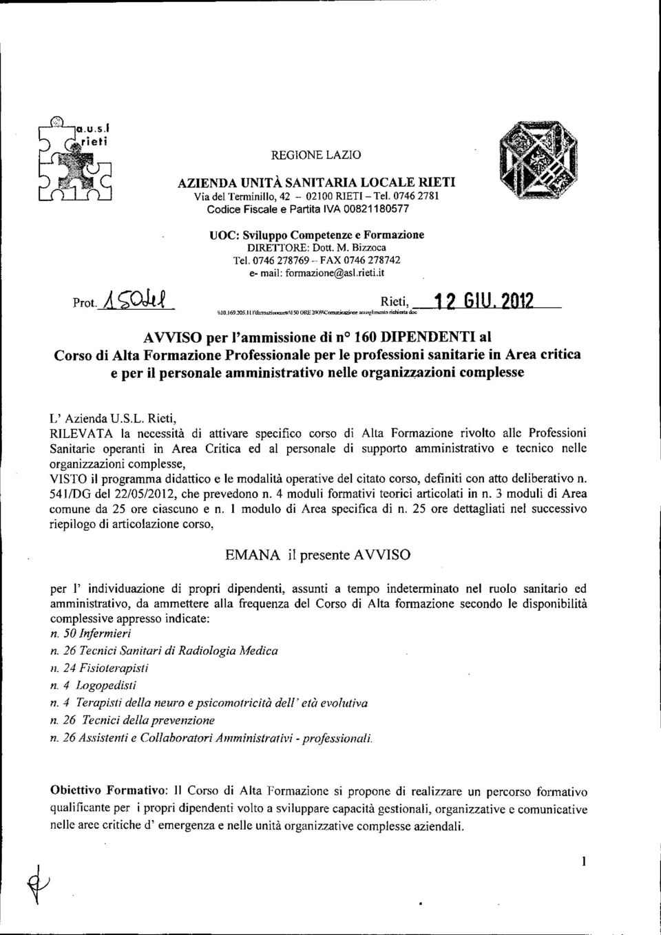 :no richimo doc AVVSO per l'ammissione di no160 DPENDENT al Corso di Alta Formazione Professionale per le professioni sanitarie in Area critica e per il personale amministrativo nelle organizzazioni