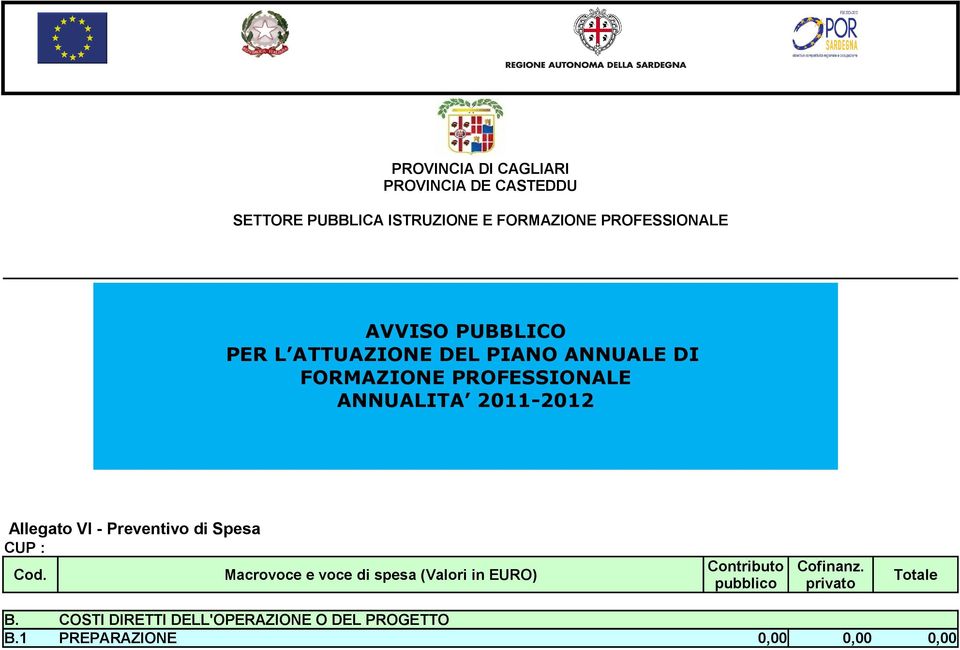 PROFESSIONALE ANNUALITA 2011-2012 Allegato VI - Preventivo di Spesa CUP : Contributo