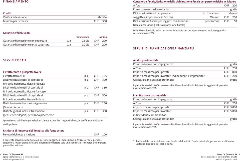 i cantoni Minimo 4 al costo CHF 200 per cantone CHF 50 Garanzie e fideiussioni I clienti con domicilio in Svizzera o nel Principato del Liechtenstein sono inoltre soggetti al versamento dell IVA.