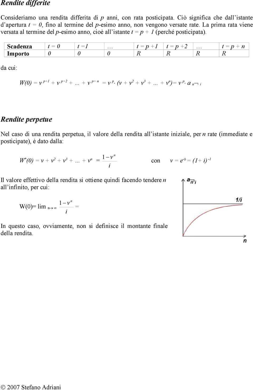 Scadeza t 0 t 1 t p +1 t p +2 t p + Importo 0 0 0 R R R R da cu: W(0) p+1 + p+2 + + p+ p ( + 2 + 3 + + ) p a Redte perpetue Nel caso d ua redta perpetua, l alore della