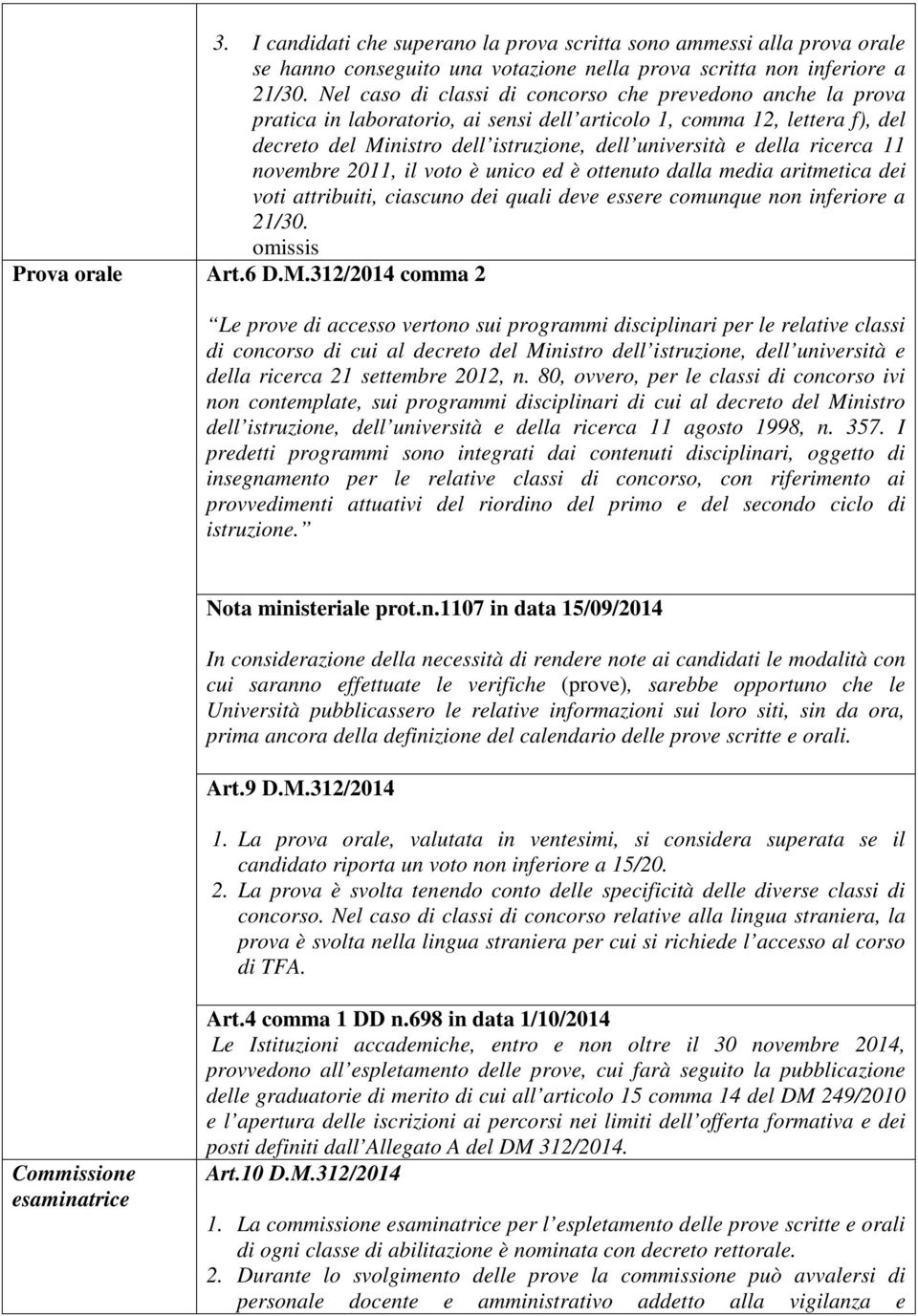 ricerca 11 novembre 2011, il voto è unico ed è ottenuto dalla media aritmetica dei voti attribuiti, ciascuno dei quali deve essere comunque non inferiore a 21/30. omissis Prova orale Art.6 D.M.