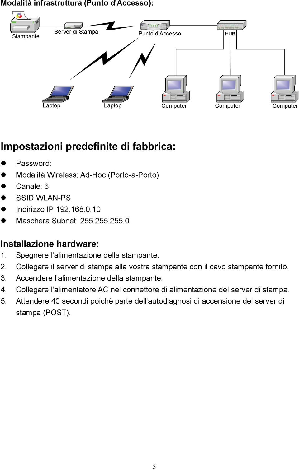 Spegnere l'alimentazione della stampante. 2. Collegare il server di stampa alla vostra stampante con il cavo stampante fornito. 3. Accendere l'alimentazione della stampante. 4.