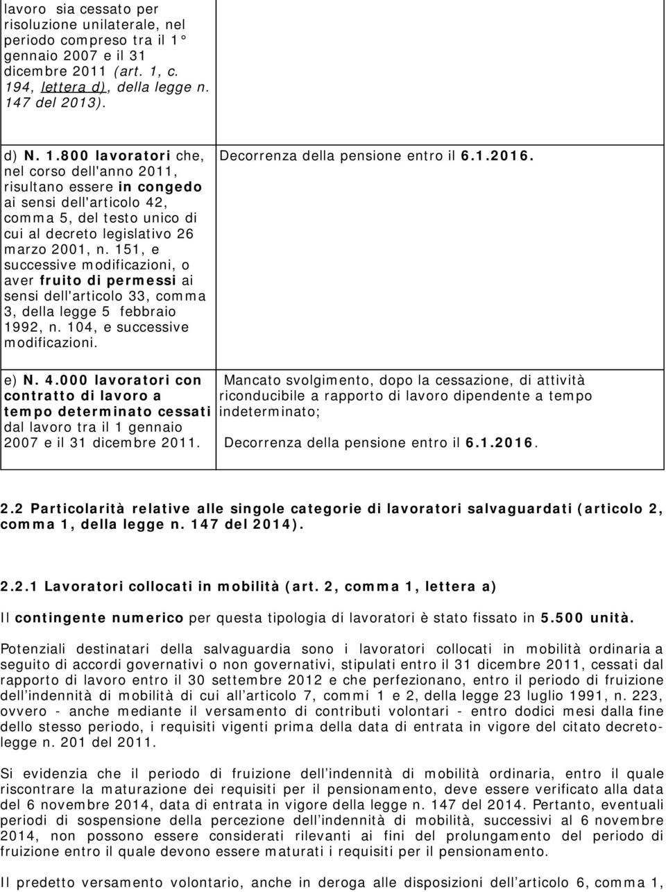 c. 194, lettera d), della legge n. 147 del 2013). d) N. 1.800 lavoratori che, nel corso dell'anno 2011, risultano essere in congedo ai sensi dell'articolo 42, comma 5, del testo unico di cui al decreto legislativo 26 marzo 2001, n.