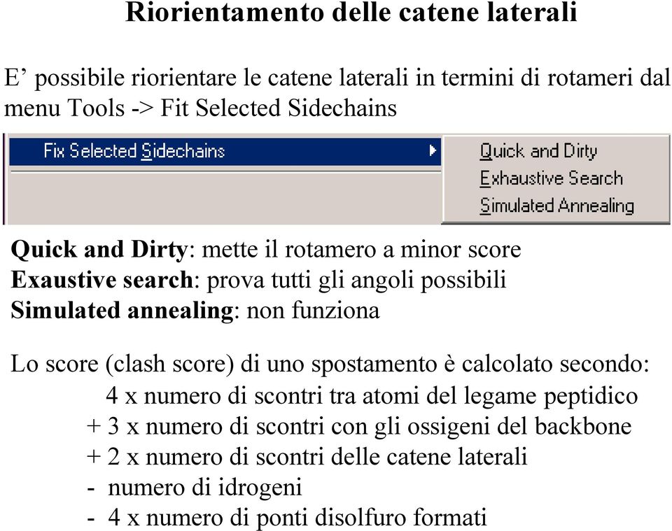 funziona Lo score (clash score) di uno spostamento è calcolato secondo: 4 x numero di scontri tra atomi del legame peptidico + 3 x numero