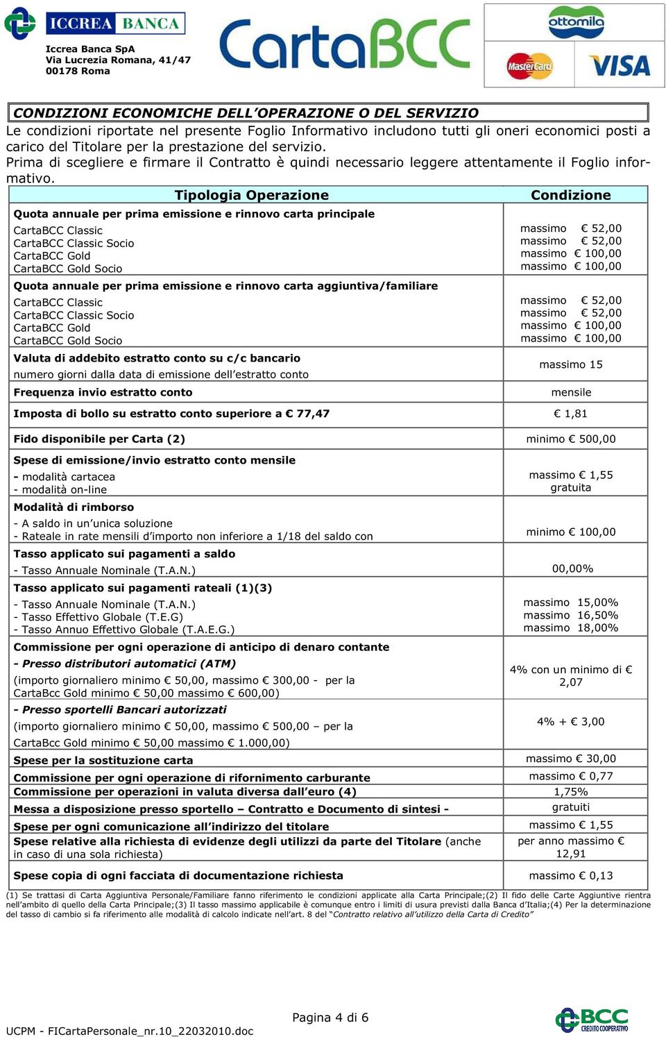 Tipologia Operazione Condizione Quota annuale per prima emissione e rinnovo carta principale CartaBCC Classic CartaBCC Classic Socio CartaBCC Gold CartaBCC Gold Socio Quota annuale per prima