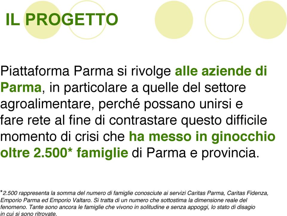 500 rappresenta la somma del numero di famiglie conosciute ai servizi Caritas Parma, Caritas Fidenza, Emporio Parma ed Emporio Valtaro.