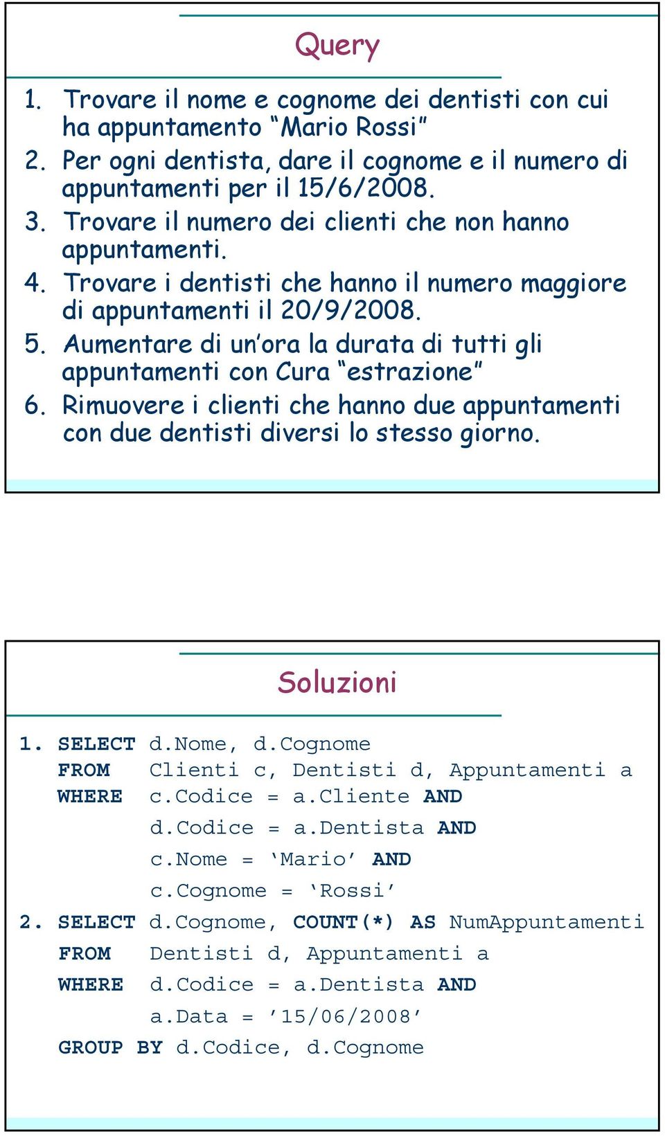 Aumentare di un ora la durata di tutti gli appuntamenti con Cura estrazione 6. Rimuovere i clienti che hanno due appuntamenti con due dentisti diversi lo stesso giorno. Soluzioni 1. SELECT d.nome, d.