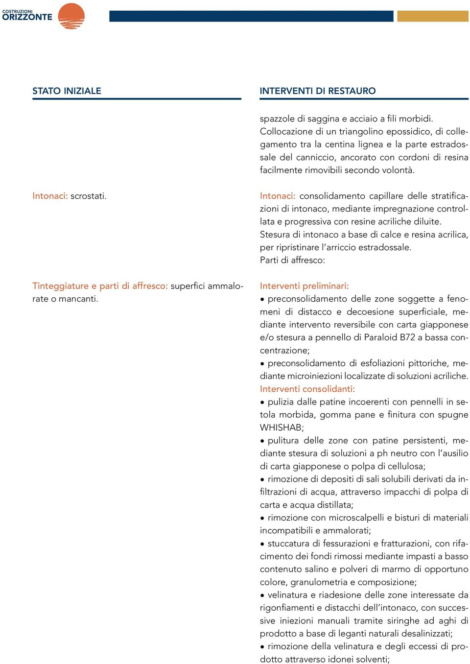 Intonaci: scrostati. Tinteggiature e parti di affresco: superfici ammalorate o mancanti.