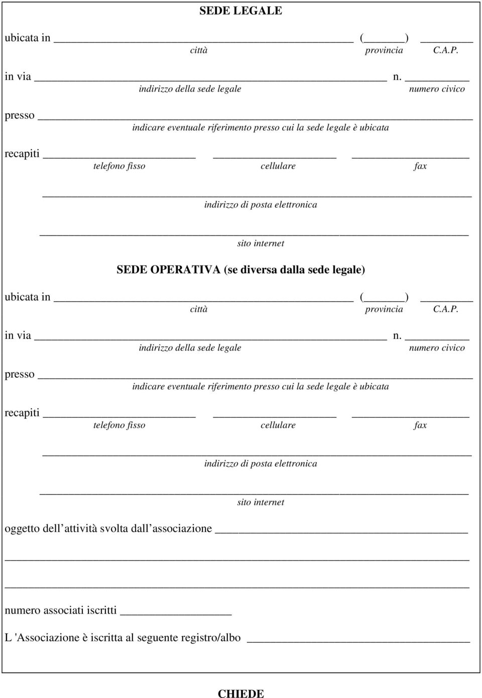 posta elettronica sito internet SEDE OPERATIVA (se diversa dalla sede legale) ubicata in ( ) città provincia C.A.P. in via n.