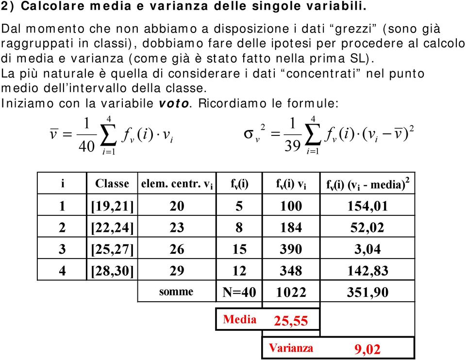 arianza (come già è stato atto nella rima SL). La iù naturale è quella di considerare i dati concentrati nel unto medio dell interallo della classe.