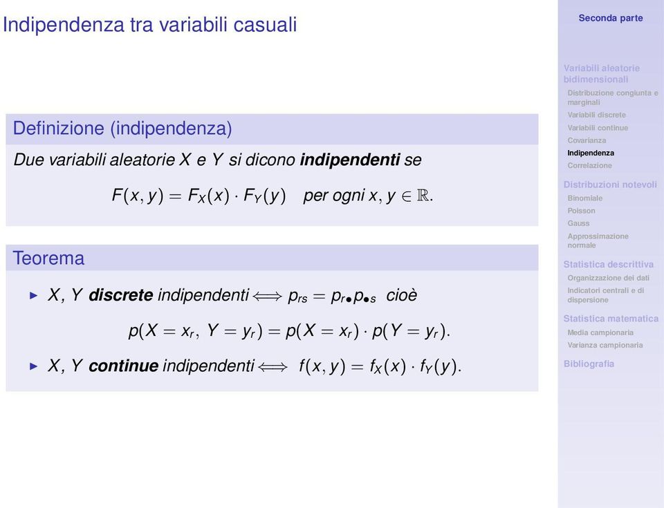 Teorema X, Y discrete indipendenti p rs = p r p s cioè p(x = x r, Y = y r)