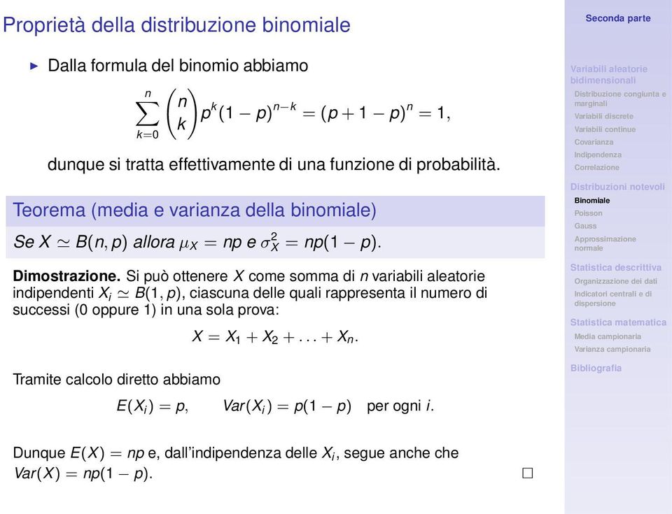 Si può ottenere X come somma di n variabili aleatorie indipendenti X i B(1, p), ciascuna delle quali rappresenta il numero di successi (0 oppure 1) in una sola