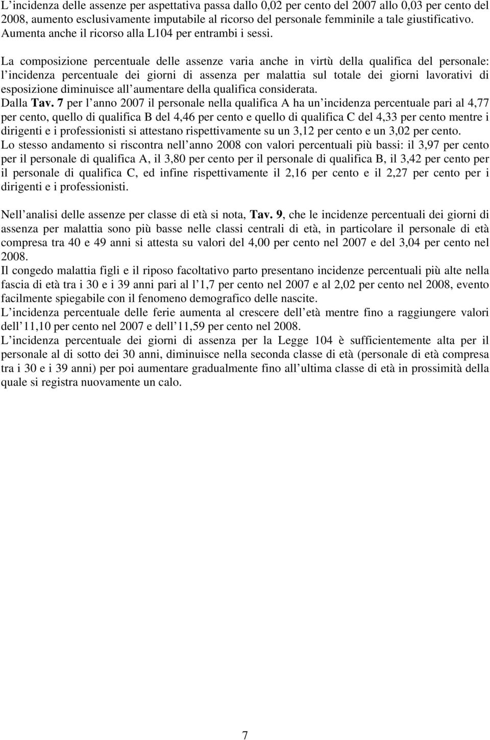 La composizione percentuale delle assenze varia anche in virtù della qualifica del personale: l incidenza percentuale dei giorni di assenza per malattia sul totale dei giorni lavorativi di