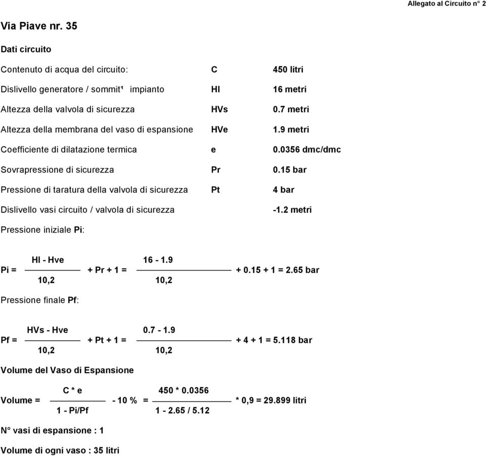 15 bar Pressione di taratura della valvola di sicurezza Pt 4 bar Dislivello vasi circuito / valvola di sicurezza -1.2 metri Pressione iniziale Pi: HI - Hve 16-1.9 Pi = + Pr + 1 = + 0.15 + 1 = 2.