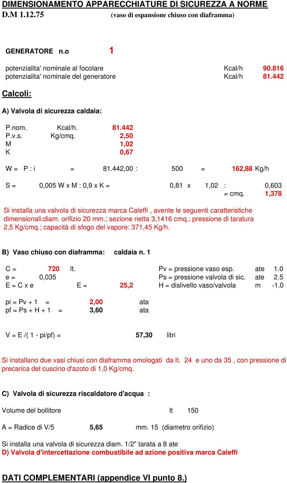 442,00 : 500 = 162,88 Kg/h S = 0,005 W x M : 0,9 x K = 0,81 x 1,02 : 0,603 = cmq. 1,378 Si installa una valvola di sicurezza marca Caleffi, avente le seguenti caratteristiche dimensionali:diam.