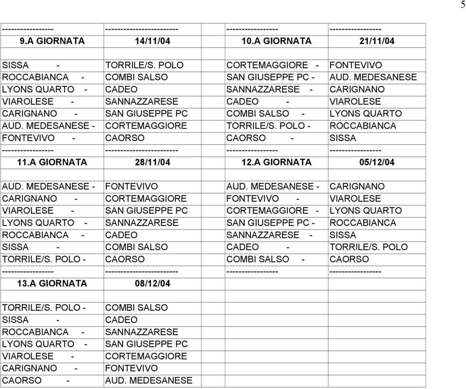 POLO - ROCCABIANCA FONTEVIVO - CAORSO CAORSO - SISSA 11.A GIORNATA 28/11/04 12.A GIORNATA 05/12/04 AUD. MEDESANESE - FONTEVIVO AUD.