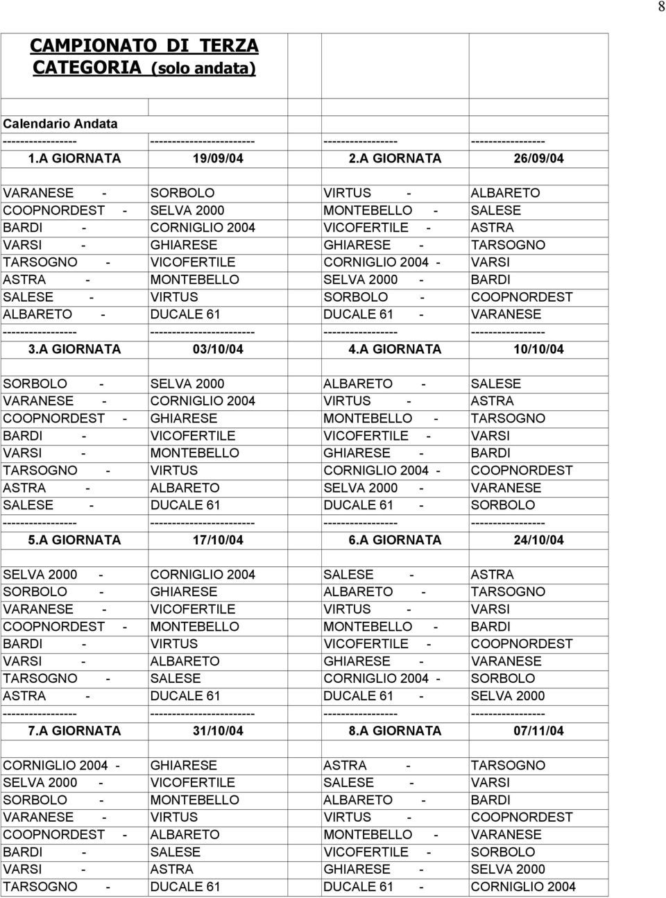 VICOFERTILE CORNIGLIO 2004 - VARSI ASTRA - MONTEBELLO SELVA 2000 - BARDI SALESE - VIRTUS SORBOLO - COOPNORDEST ALBARETO - DUCALE 61 DUCALE 61 - VARANESE 3.A GIORNATA 03/10/04 4.