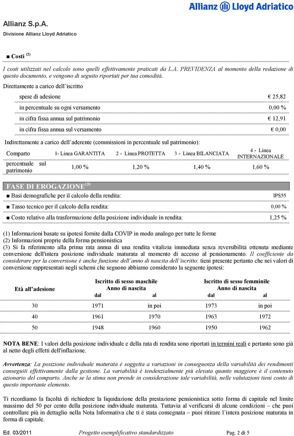 a carico dell aderente (commissioni in percentuale sul patrimonio): Comparto 1- Linea GARANTITA 2 - Linea PROTETTA 3 - Linea BILANCIATA percentuale sul patrimonio 4 - Linea INTERNAZIONALE 1,00 % 1,20