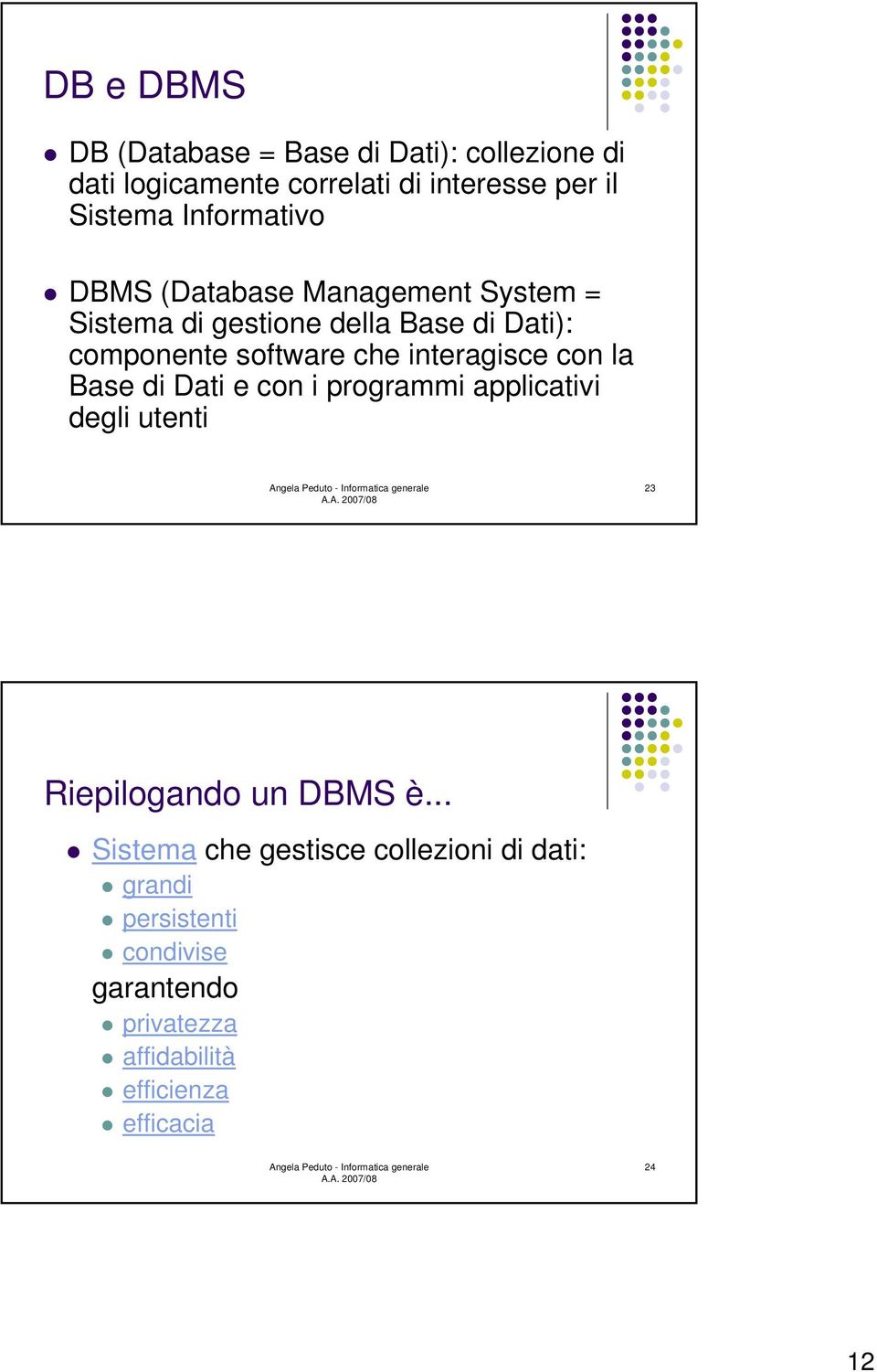 interagisce con la Base di Dati e con i programmi applicativi degli utenti 23 Riepilogando un DBMS è.