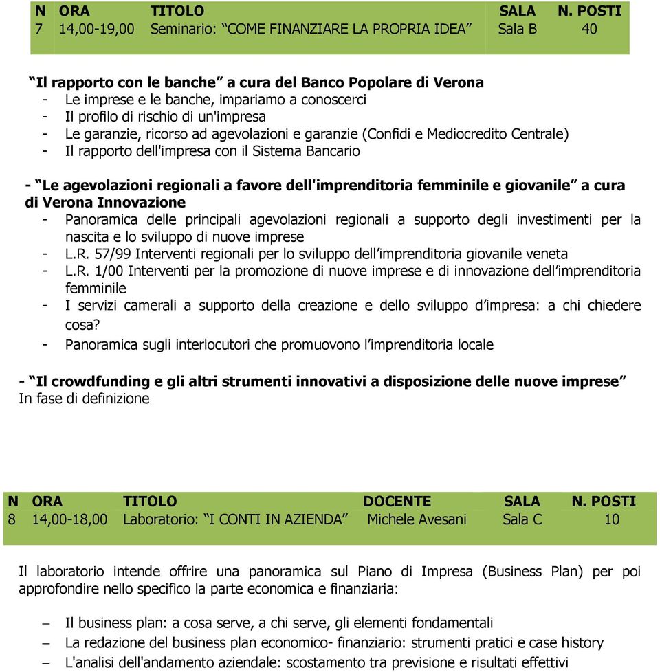 rischio di un'impresa - Le garanzie, ricorso ad agevolazioni e garanzie (Confidi e Mediocredito Centrale) - Il rapporto dell'impresa con il Sistema Bancario - Le agevolazioni regionali a favore