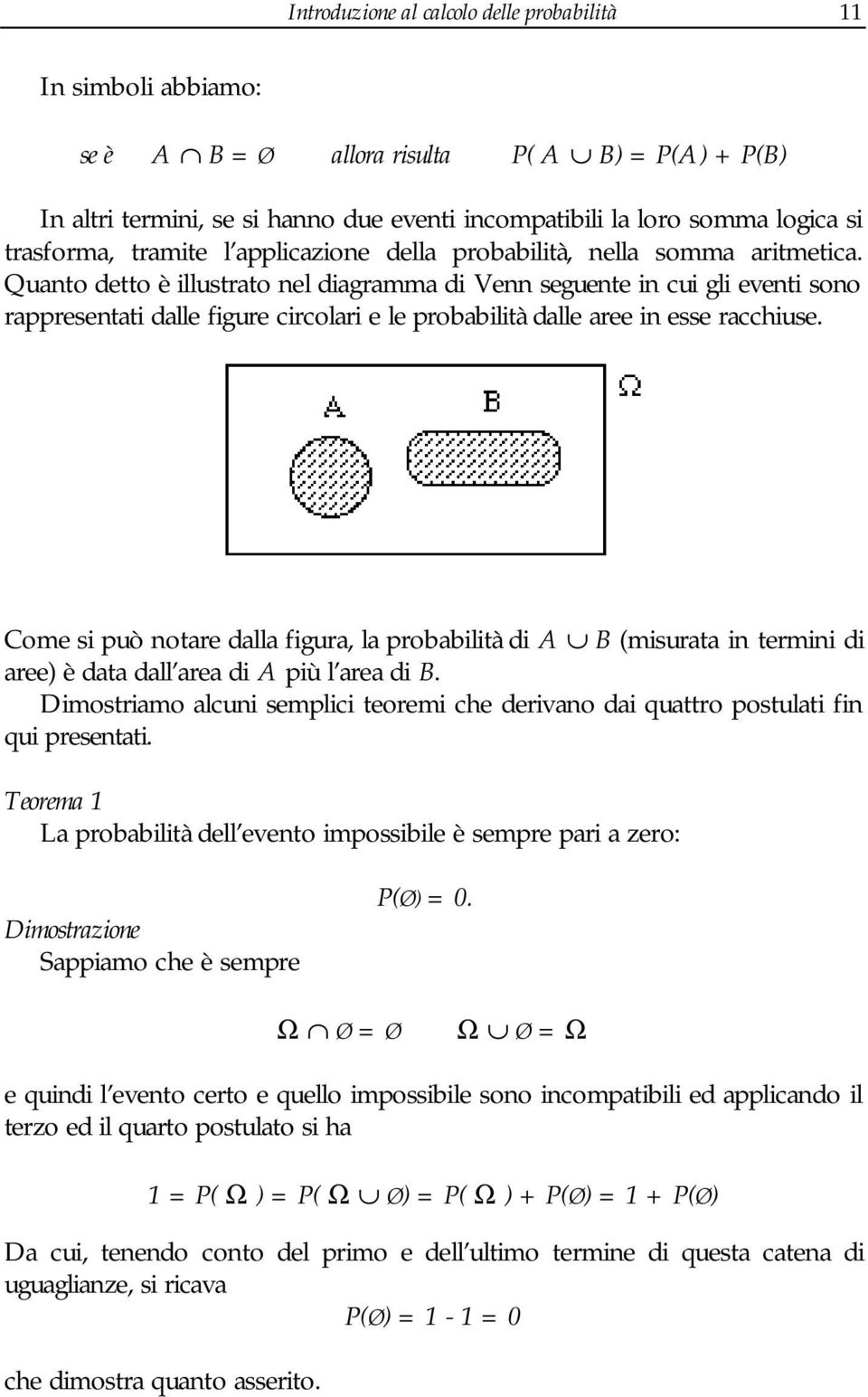 Come s può otare dalla fgura, la probabltà d A B (msurata term d aree) è data dall area d A pù l area d B. Dmostramo alcu semplc teorem che dervao da quattro postulat f qu presetat.