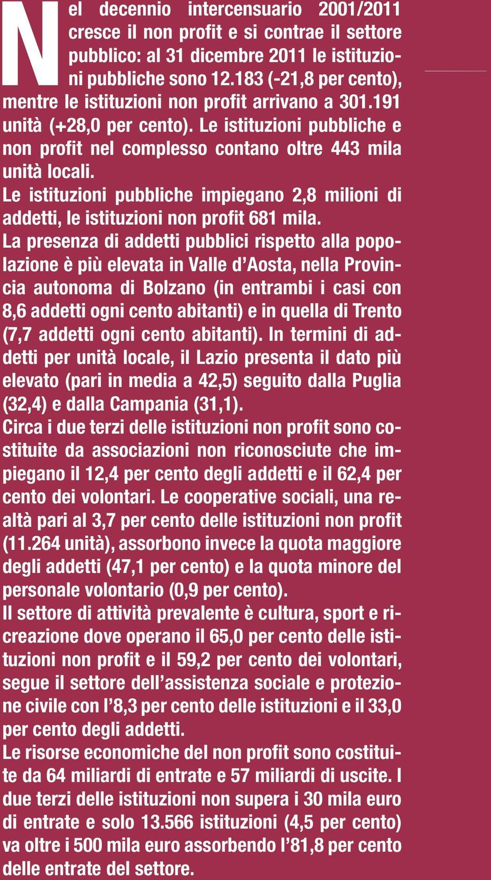 Le istituzioni pubbliche impiegano 2,8 milioni di addetti, le istituzioni non profit 681 mila.