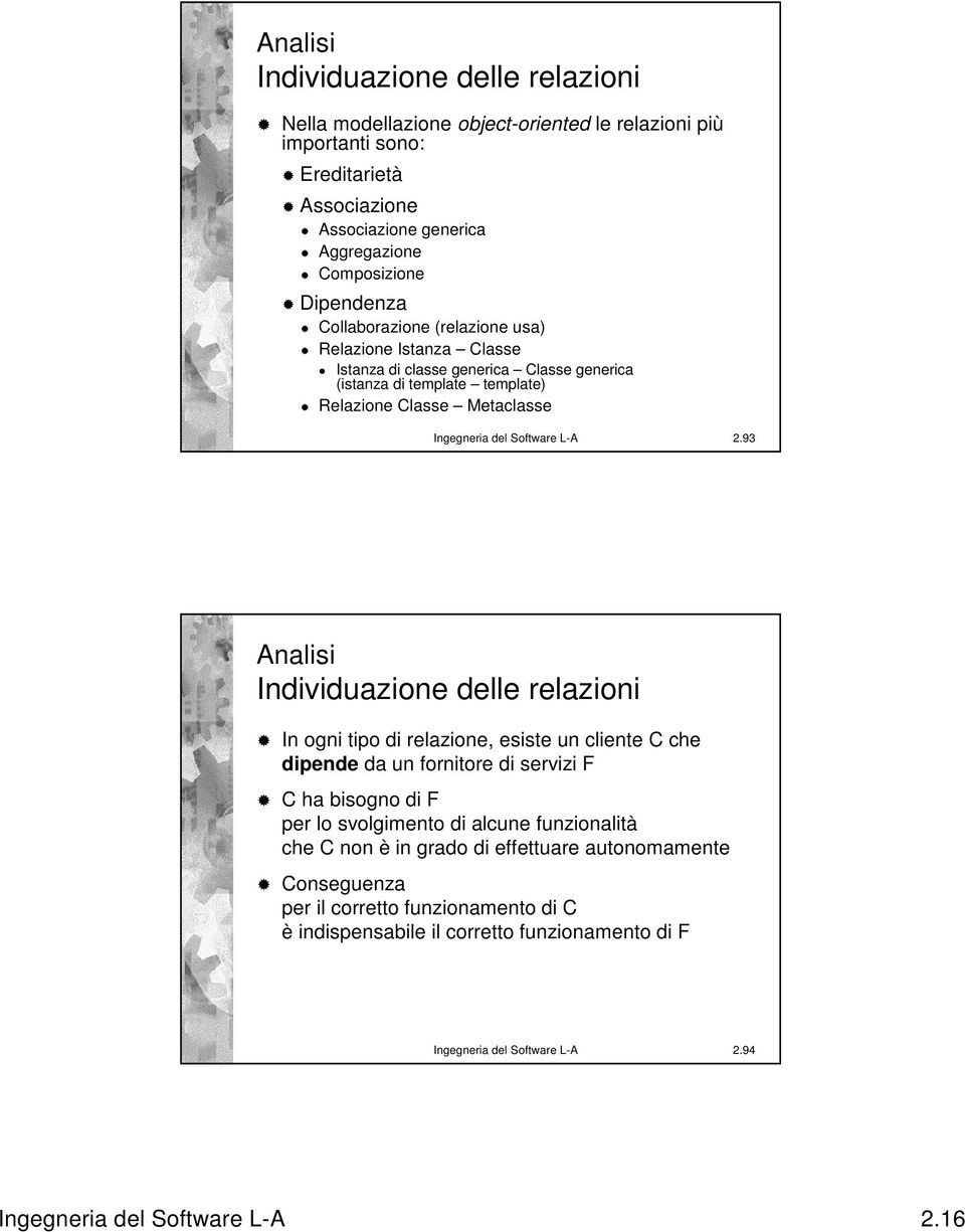 93 Individuazione delle relazioni In ogni tipo di relazione, esiste un cliente C che dipende da un fornitore di servizi F C ha bisogno di F per lo svolgimento di alcune funzionalità che C