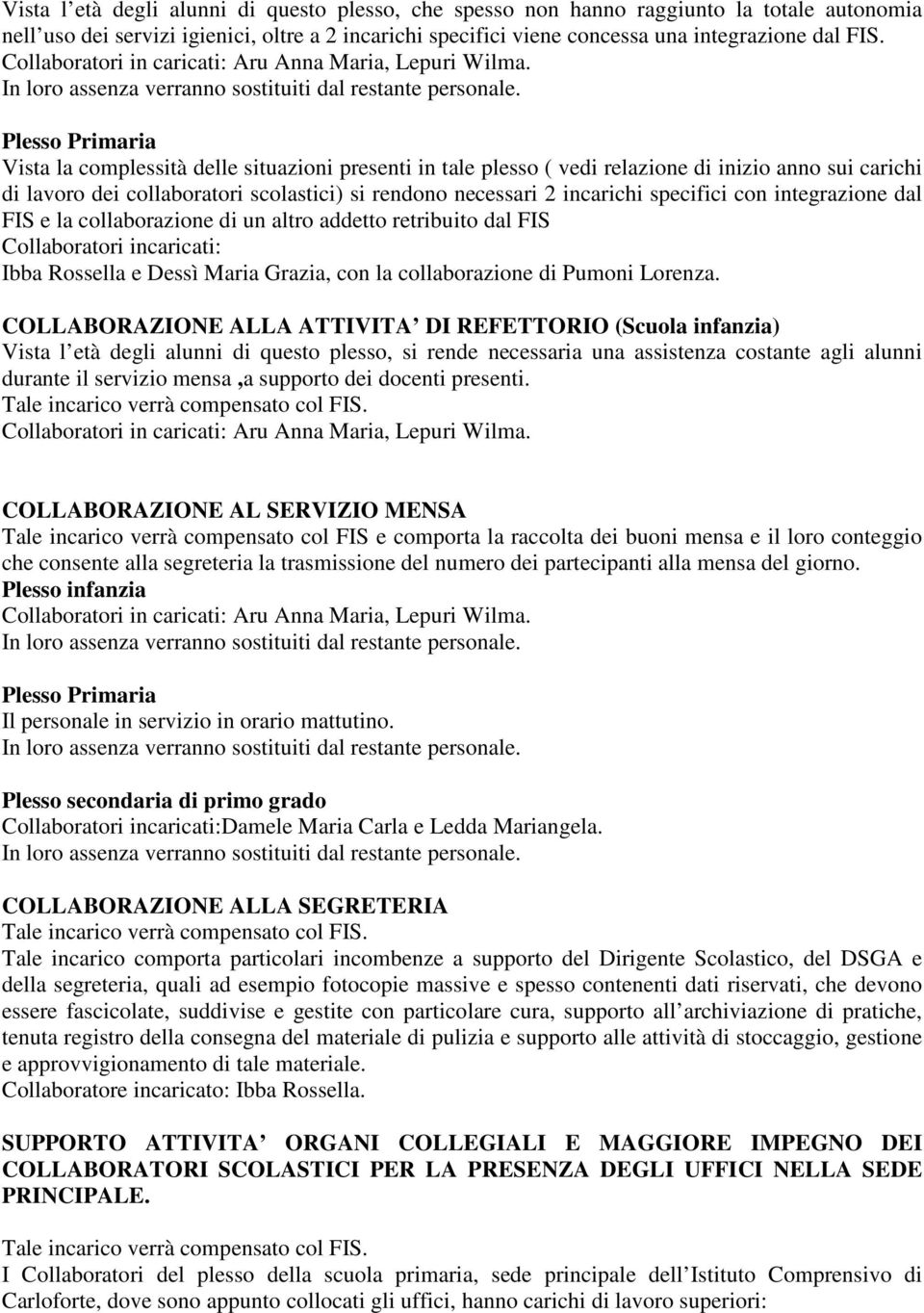 specifici con integrazione dal FIS e la collaborazione di un altro addetto retribuito dal FIS Collaboratori incaricati: Ibba Rossella e Dessì Maria Grazia, con la collaborazione di Pumoni Lorenza.