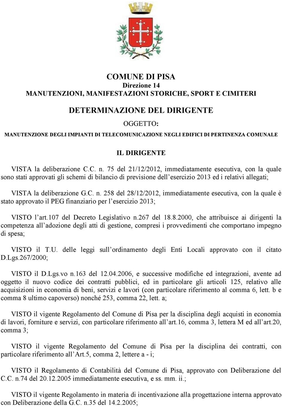 75 del 21/12/2012, immediatamente esecutiva, con la quale sono stati approvati gli schemi di bilancio di previsione dell esercizio 2013 ed i relativi allegati; VISTA la deliberazione G.C. n.