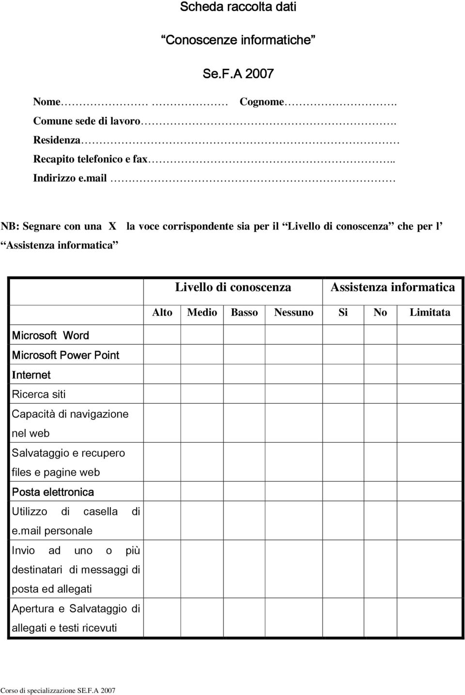 Alto Medio Basso Nessuno Si No Limitata Microsoft Word Microsoft Power Point Internet Ricerca siti Capacità di navigazione nel web Salvataggio e recupero files e