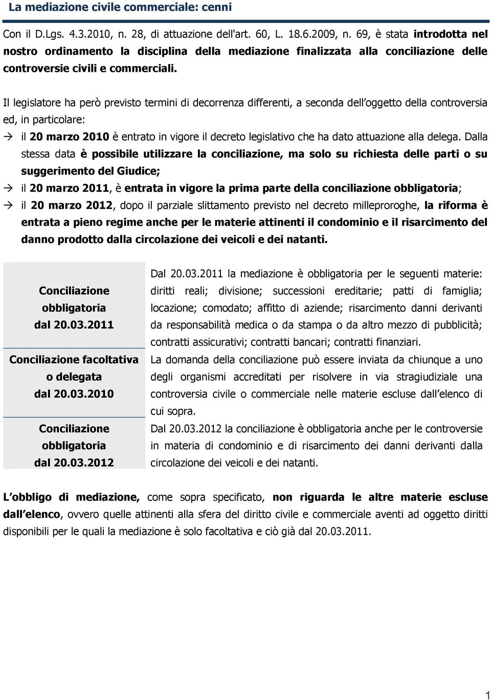 Il legislatore ha però previsto termini di decorrenza differenti, a seconda dell oggetto della controversia ed, in particolare: il 20 marzo 2010 è entrato in vigore il decreto legislativo che ha dato