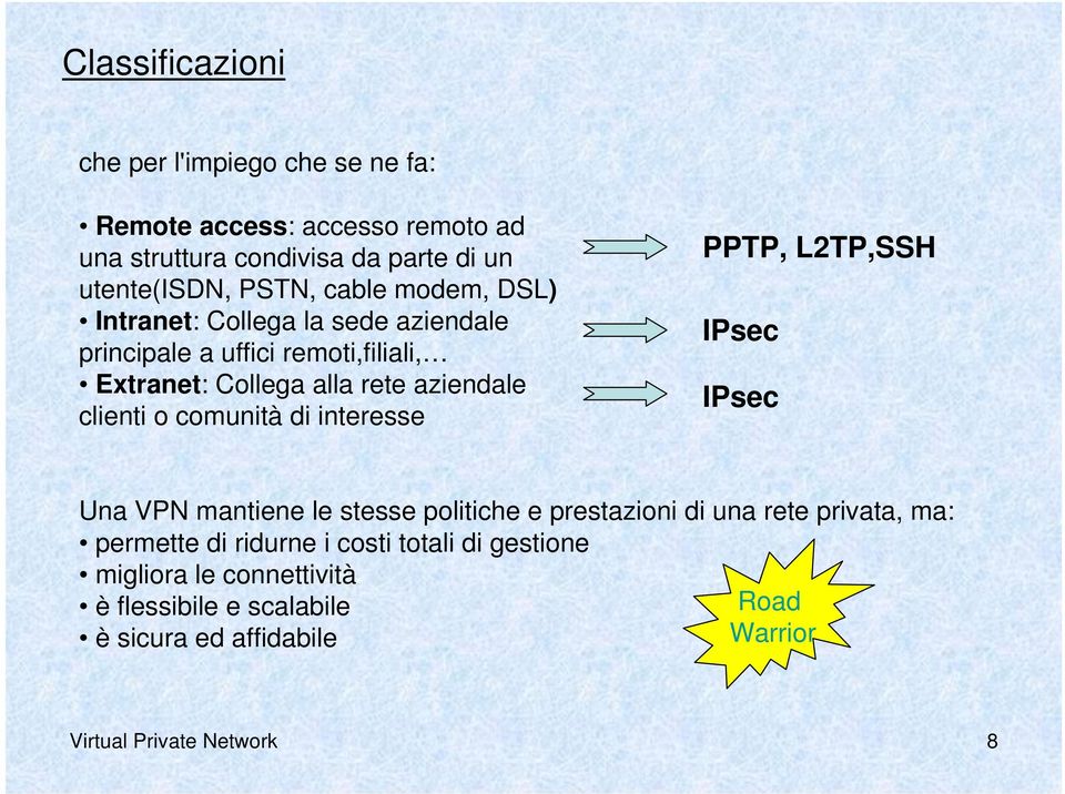 comunità di interesse PPTP, L2TP,SSH IPsec IPsec Una VPN mantiene le stesse politiche e prestazioni di una rete privata, ma: permette di