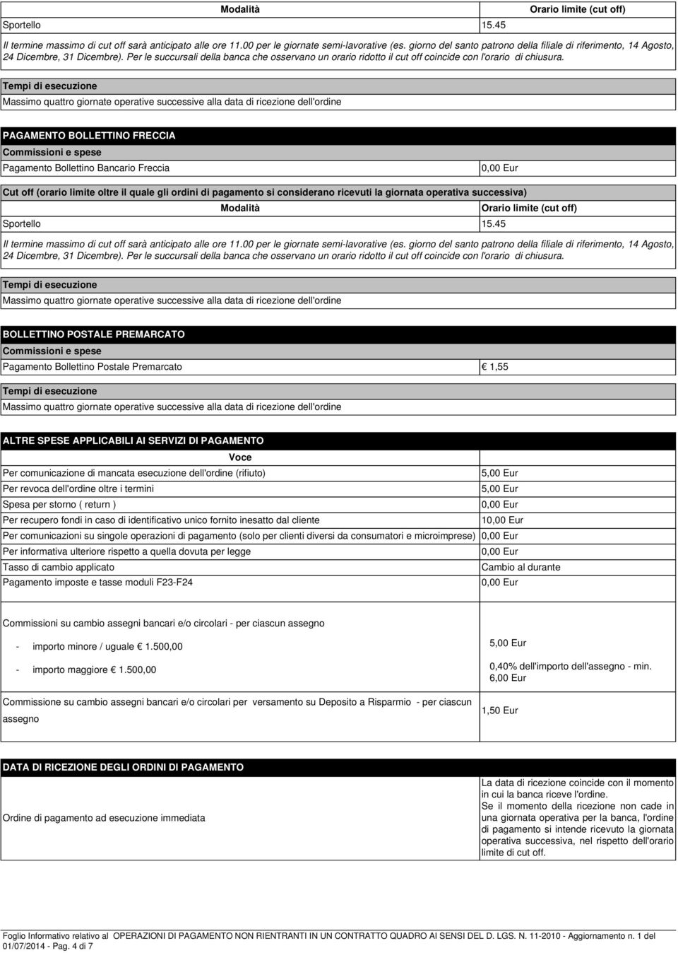 Massimo quattro giornate operative successive alla data di ricezione dell'ordine PAGAMENTO BOLLETTINO FRECCIA Pagamento Bollettino Bancario Freccia Modalità Orario limite (cut off) Sportello 15.