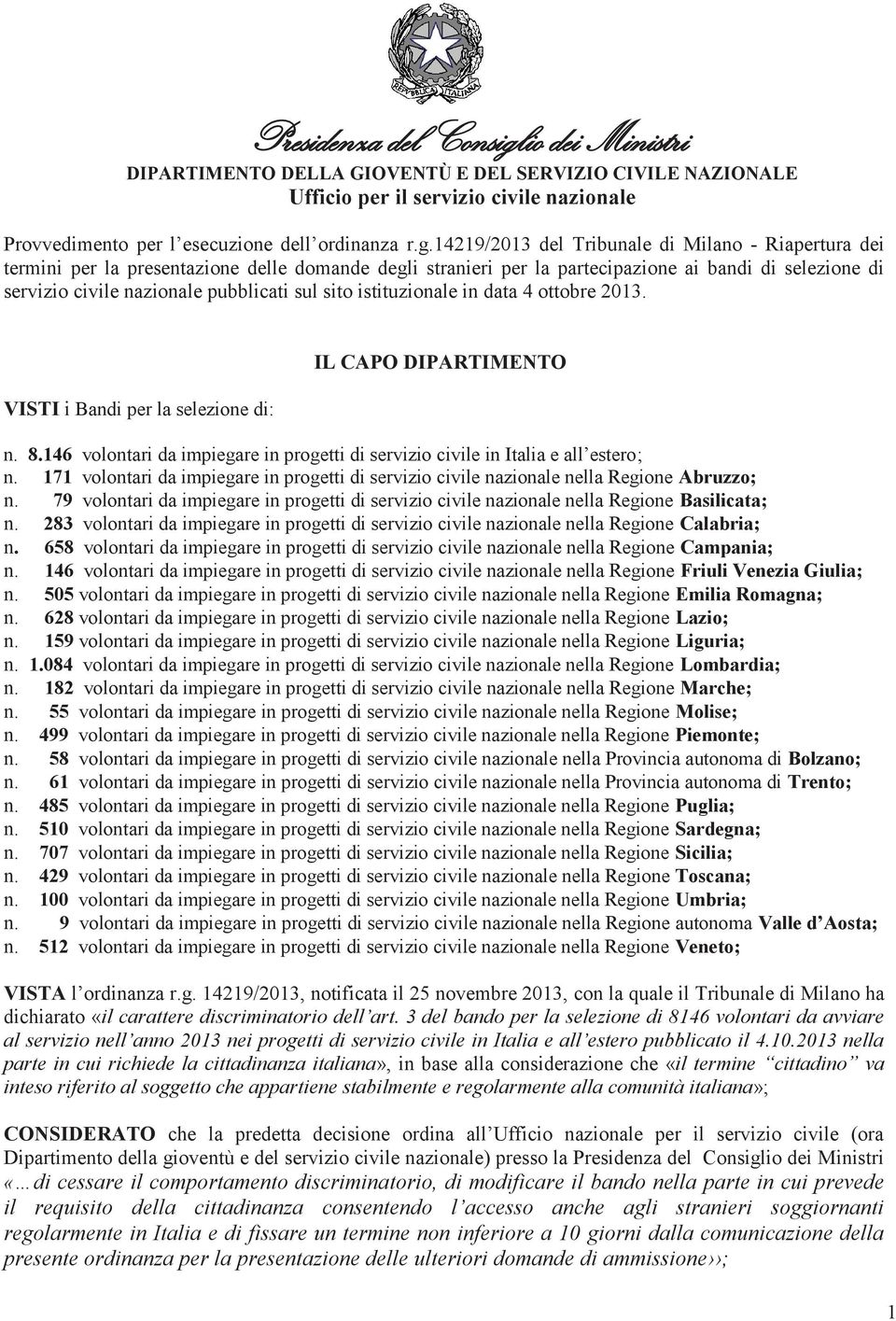 14219/2013 del Tribunale di Milano - Riapertura dei termini per la presentazione delle domande degli stranieri per la partecipazione ai bandi di selezione di servizio civile nazionale pubblicati sul