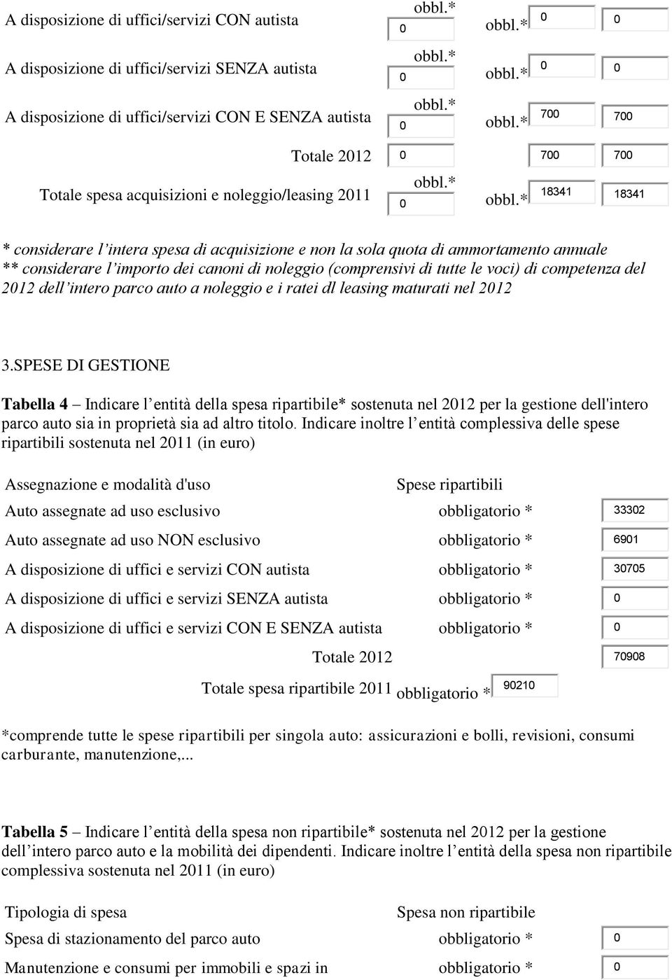 (comprensivi di tutte le voci) di competenza del 2012 dell intero parco auto a noleggio e i ratei dl leasing maturati nel 2012 3.